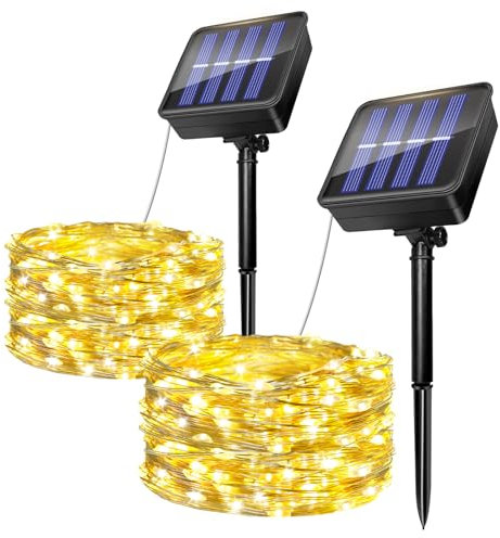 2 Pezzi Catena Luminosa Esterno Solare, 5M 50 LED Luci Solari Esterno Giardino, 8 Modalità IP65 Impermeabile Filo di Rame Luci Lucine da Esterno Decorative Per Patio Natale Festa (Bianco Caldo)
