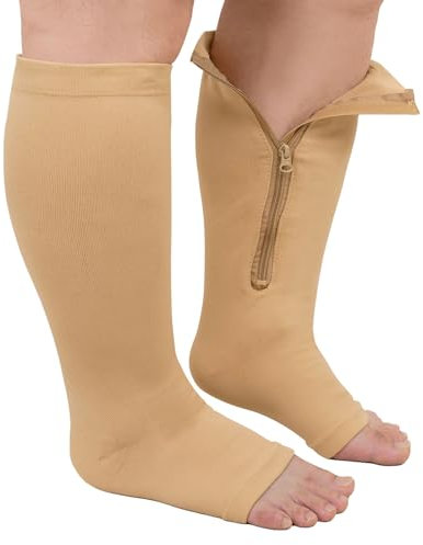ZFSOCK Kompressionsstrümpfe Dicke Waden Stützstrümpfe: Medizinische Kompressionssocken Reißverschluss Sport Damen Übergröße Offene Zehen Herren Krampfadern Thrombosestrümpfe Beige L-XL