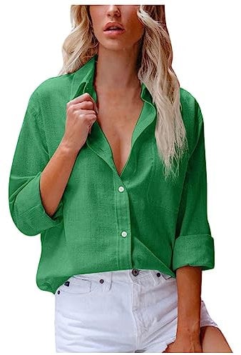 Long Sleeve Tops Women Cotton Linen Button up Shirts Lapel Collar Blouse Elegant Plain T Shirt with Pockets Loose Fall Summer Underhsirts Womens Office Formal Shirt Beach Casual Wear