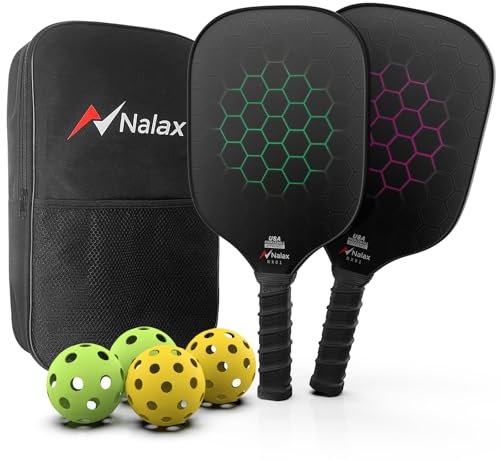 Nalax Fiberglass Pickleball Paddles Set of 2 - USAPA Approved Graphite Power Polymer Core With 4 Balls and 1 Bag for Men Women