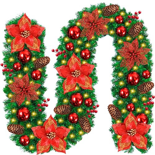 AQXONG Girlande Weihnachten, 2,7m Künstlicher Tannenkranz, Glühender Weihnachtskranz, Tannenkranz, Geeignet für Wände, Kamine, Treppen, Weihnachtsdekorationen