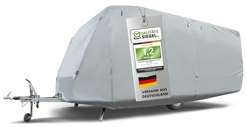 WALSER Premium Wohnwagen Abdeckplane, 100% wetterfeste Wohnwagenabdeckung, wasserdichte Wohnwagenplane mit UV-Schutz, Wohnwagen Schutzhülle, Wohnwagen Abdeckung inkl. Aufbewahrungstasche 810x250x220cm