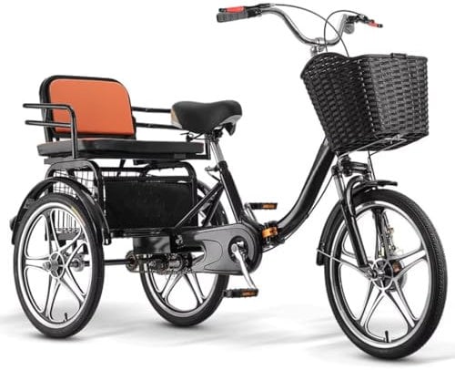 Zusammenklappbare Dreiräder für Senioren und Erwachsene, 3-Rad-Tandemfahrrad, Rikscha-Dreirad mit Pedalen, Tandem-Dreirad, Rücksitz mit Gurt, Fahrrad, Vorderrad (schwarz B 20 Zoll)
