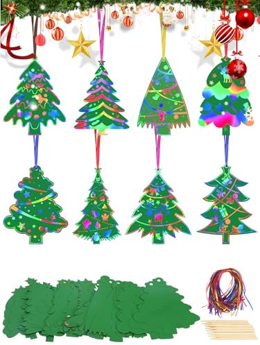 KATOOM 48STK Kratzbilder Weihnachten Basteln Kinder Weihnachten Mitgebsel Weihnachtsdeko zum Basteln Regenbogen Kratzpapier Scratch Paper DIY mit 12 Holzstiften für Weihnachtsbaum Mädchen Hängendsdeko