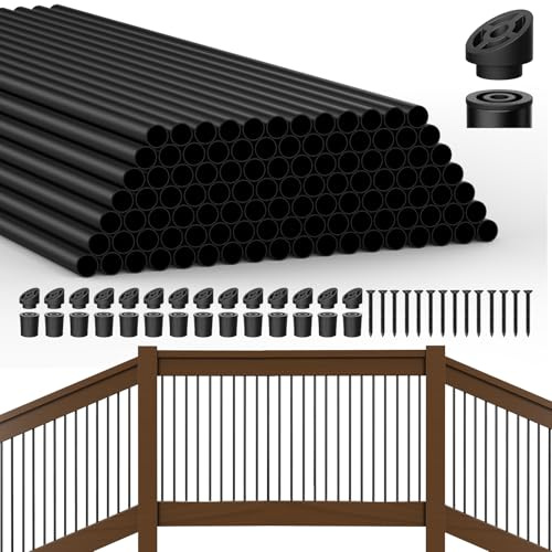 HYPERGIANT 105 Pack 26 Aluminum Deck Balusters,3/4 Round Deck Railing Spindles with Conectors and Screw,Hollow Metal Deck Balusters for Railing Fencing Porch,Black Deck Stair Spindles for Staircase