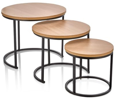 DIVCHI Round Nesting Set of 3, Modern Wooden Look with Metal Base Coffee Side Tables for Small Spaces, Nightstand Bedside Table for Living Room, Bedroom, Balcony (Brown)