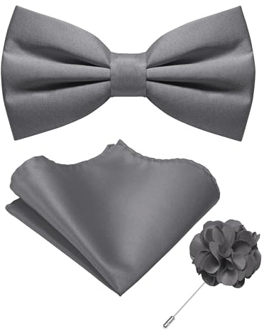 JEMYGINS Grey Pre-tied Bow Tie and Pocket Square with Lapel Pin Set Adjustable Bowtie for Men(13)