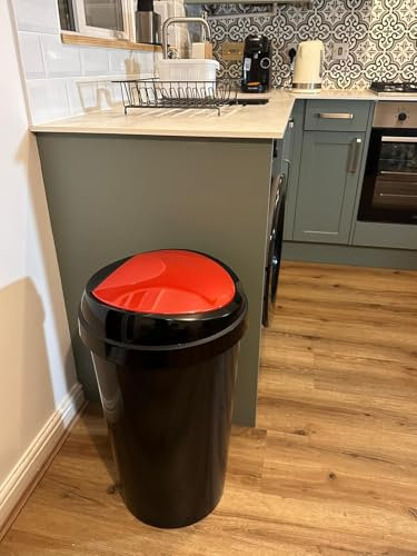 60L Premium Red Brabatia Plastic Touch Top Bin, Dustbin, Rubbish Bin for Kitchen, Home With Coloured lids Black/Blue/Red/Silver/Green (RED)