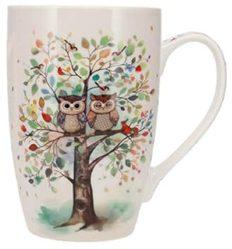 KIUB Taza de porcelana redonda muy grande, diseño de pareja de búhos en un árbol grande, altura 13 cm, capacidad 445 ml, caja a juego