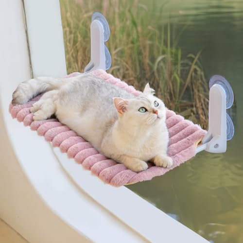 MEWOOFUN Perchoir de fenêtre pliable pour chat avec housse amovible et réversible – Hamac de fenêtre souple pour chat avec cadre en acier épais robuste pouvant supporter jusqu'à 18 kg (rose, M)