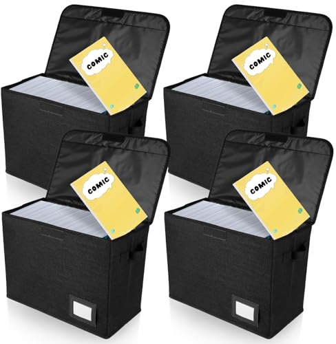 4 Stück Comic Bücher Aufbewahrungsbox,Aufbewahrungsbox mit geschlossenem Deckel und Griffen,40 x 20 x 30 cm,für 150–180 Comics,für Kleiderschrank,Regal,Büro,Waschbar(schwarz)