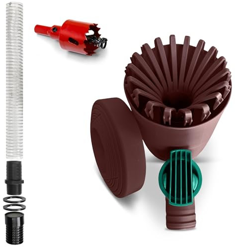 YourCasa Regensammler Set [Downpipe] mit Verbindungsschlauch 30cm & Regentonnendurchführung - Absperrhahn und Filter zum Verbinden von Fallrohr 68-100mm DN100 Regentonne Regenwassersammler (Braun)