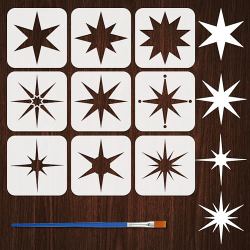 FINGERINSPIRE 9Pcs Pochoir Étoile Avec 1 Pinceaux en Plastique de 15x15cm 9 Styles Motifs D'Étoiles Pochoirs Décoratifs à Thème Fantastique pour Peinture sur Bois Toile Tissu Mur Meubles