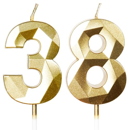 Yiran 38th Birthday Candles, Gold Number 38 Happy Birthday Candles, Cake Topper Decorations for Birthday Party, Wedding Anniversary Celebration Supply