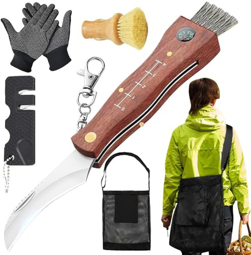 SKJJM Couteau à Champignons avec Brosse, Couteau a Champignon Pliant avec Sac de Cueillette de Champignons, Gants, couteau mycologique pour Cueilleurs de champignons, Camping, Randonnée