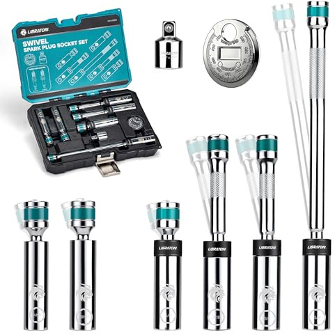 LIBRATON 8PCS 3/8Dr. Magnetic Spark Plug Socket Set, Swivel Head Thin Wall | Include Gapper & Extension Bar, (5/8 9/16 14mm 16mm), 6 & 12 Point for Truck Motorcycle Auto Repair, /4,6,10, CR-V