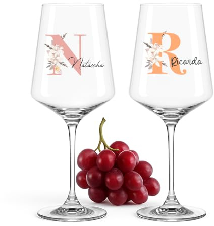 Love Faith personalisiertes Weinglas - Blume - Initiale & Name - 2er-Set | Edles Weinglas-Duo mit Blumenmotiv - Wähle Initiale & Wunschnamen für die Gravur - Schönes Geschenk für Freundinnen