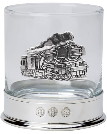Pewter-Mounted Whisky Tumbler with Steam Engine
