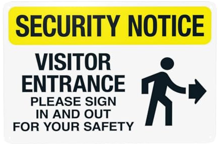 Segnale di avvertimento di sicurezza, cartello di avvertimento per l'ingresso dei visitatori con freccia destra, avviso di sicurezza, cartelli in metallo per casa, lavoro, garage, parete, sicurezza