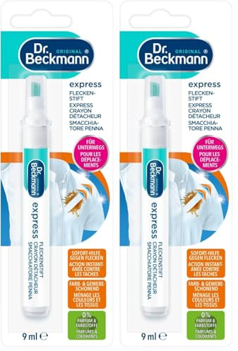 Dr. Beckmann eXpress Fleckenstift | für unterwegs | 2 x 9 ml | Soforthilfe ohne Auswaschen | Spitze zum gezielten Auftragen | Für Kaffee, Tee & Saft