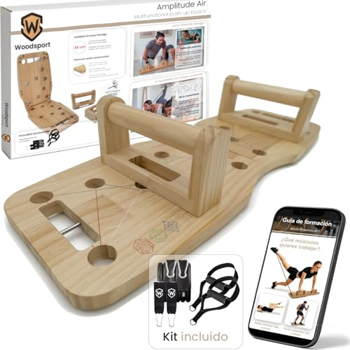 Woodsport - Liegestützbrett aus Holz, Push up board mit liegestützgriffe | Klappbares liegestütze brett aus Kiefernholz, Liegestützgriffe 30 mm, Push up bars, 2 Resistance bands, 30-in-1 workout guide