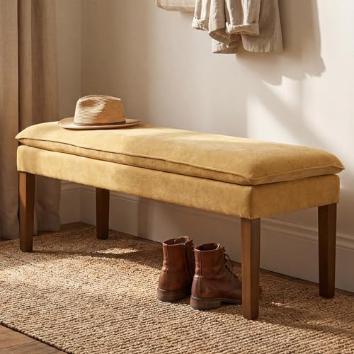 DAYALANE Banc Bout de Lit, Pieds en Bois&Coussin en Chenille, Jaune