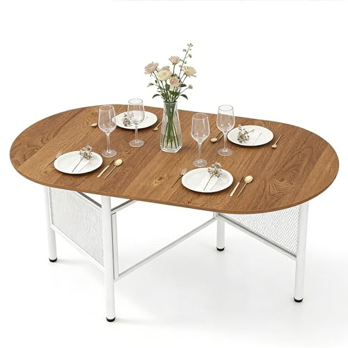 DREAMADE Table a Manger Pliante pour 6-8 Personnes, Table de Cuisine Ovale Rabattable avec Cadre en Métal, Meuble Console Pliable pour Salon, Salle à Manger, Petits Espaces, 150 x 80 x 76 cm (Naturel)