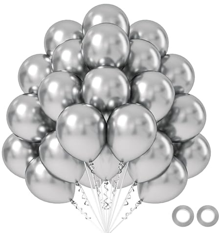 Luftballons Metallic Silber, 50 Stück 30 cm / 12 zoll Metallic Chrom Ballons, Silber Helium Luftballon mit 2 Ballons Rollen Band für Geburtstag, Hochzeit, Babyparty, Halloween, Weihnachten Party Deko