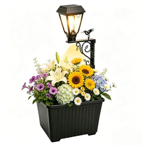 2-in-1 Solarlampe mit Blumenkasten Außen, Stehende Solarlaterne für Garten