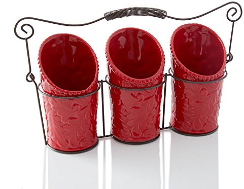 Besteckkorb für die Küche, 3 Keramik-Utensilienhalter (10,2 cm Durchmesser x 17,8 cm Höhe) und 1 Draht-Caddy – Rot