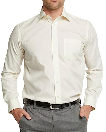 Double TWO Men's Long Sleeve Plain Formal Shirt Non Iron Classic Fit Business Dress Shirt - Cream, 18.5in Collar