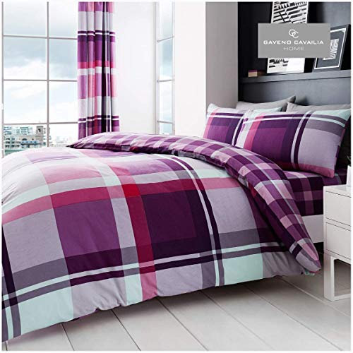 GC GAVENO CAVAILIA Geometric Check Duvet Cover Set King Size – Reversible Bedding Set with Matching Pillowcases, Soft Easy Care Bed Set, Purple