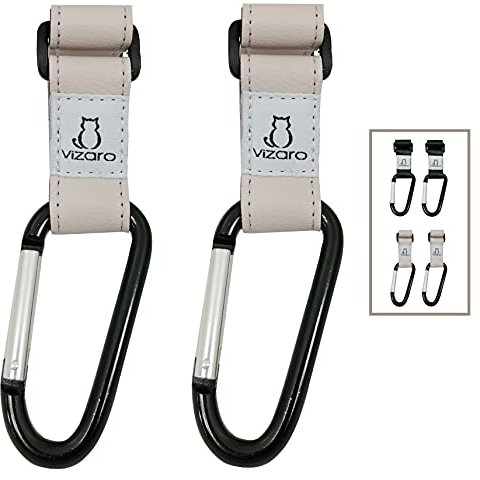 Vizaro Luxury Kinderwagenhaken - 2 Stück - Zum Aufhängen von Taschen, Rucksäcken usw. - Schwarzes Kunstlederband mit hoher Widerstandsfähigkeit bis zu 15 kg - Großer geschlossener Ring