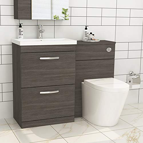 1000mm Modern Grey Elm Bathroom 2 Drawers Mid-Edge Vanity Unit Basin Sink & Cesar Rimless Pan + Toilet Furniture Set