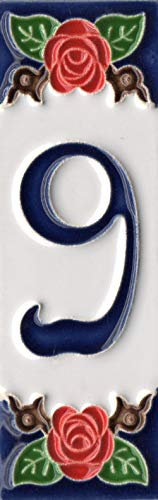 Numeri civici, numeri e lettere italiane in ceramica, motivo rosa, dimensioni piastrelle: 10 cm x 3,5 cm, 3 a 6 cornici (numero 9)