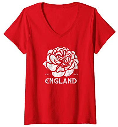 Damen Rugby English Top White / Red Rose Flag of England T-Shirt mit V-Ausschnitt
