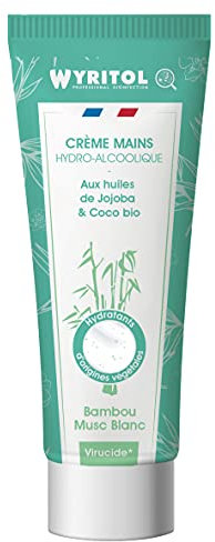 WYRITOL - Crème Mains Hydroalcoolique Bambou/Musc Blanc - Désinfectant Mains Sans Rinçage - Formule À Base d'Huiles Végétales, Vitamine E, Aloe Vera - Fabrication Française - Tube 75 ml
