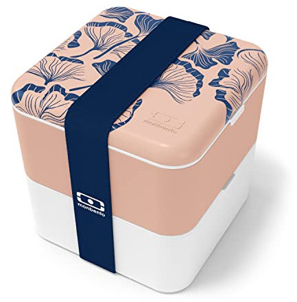 monbento - Large Bento Box MB Square Ginkgo with Compartments Made in France - Leakproof Lunch Box for Work/School and Meal Prep - BPA Free - Food Grade Safe - Japanese Pattern - Pink & Blue