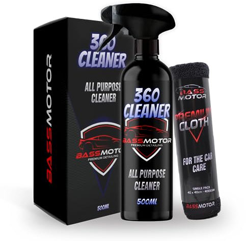 BassMotor Pulitore Multiuso per Interni All-in-One per Auto Cruscotto Pulisce e Sgrassa Plastica Sedili Pelle Facile e Veloce - 360 Cleaner 500ml + Panno in Microfibra Premium