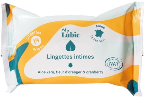 MY LUBIE - 14 Lingettes Intimes Naturelles et Apaisantes - Sans parfum, Mixtes, Douces et Jetables dans les Toilettes - Pack compact - Cranberry, Fleur d'Oranger et Aloe Vera