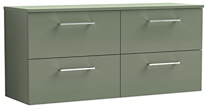 nuie ARN824W2 Arno Modern Bathroom Wall Hung 4 Drawer Double Vanity Unit with Colour Worktop, 1200mm, Satin Green