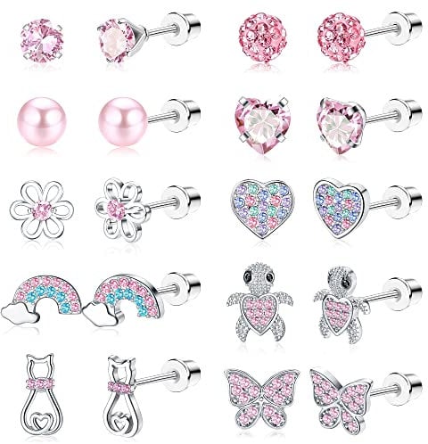 JeweBella 8/10 Paar Kleine Ohrstecker Set für Damen Mädchen Hypoallergen 316L Chirurgenstahl, Kinder Niedlich Blume Schmetterling Herz Zirkonia Ohrringe Tragus Knorpel Piercing