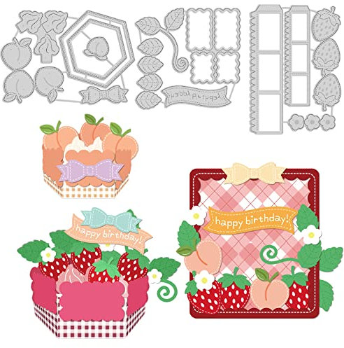 INFUNLY 3D Cake Metal Cutting Dies 2 Size Peach Birthday Cake Die Cuts Cream Strawberry Candy Box Die Cut Embossing Stencils for Card Scrapbooking DIY Craft Party Decor