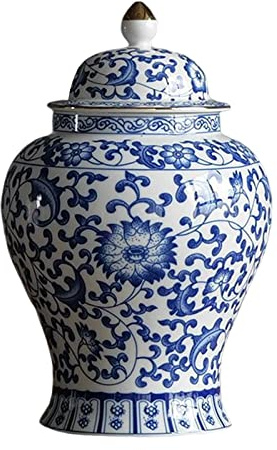 Milageto Chinesische Keramik Ginger Jar Blumenvase mit Deckel Tischdekoration Home Decor Porzellanglas für Küche, Zucker, Schreibtisch, Blau und Weiß