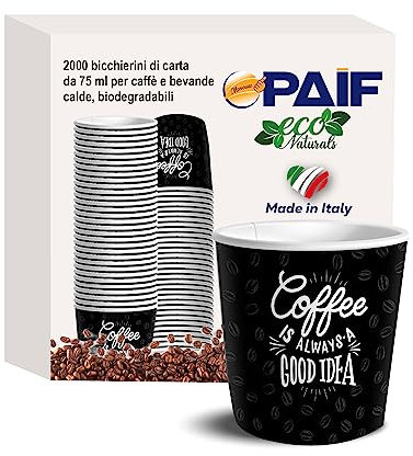 PAIF Bicchierini di Carta Monouso per Caffè - 2000pz - 75ml - Made in Italy Certificato - Alta Qualità - Ecologico e Biodegradabile (NERO)