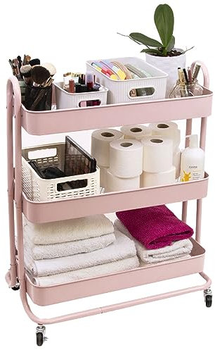 Craftelier - Carrello grande in metallo con 3 vassoi | 4 ruote girevoli a 360° con freni in 2 | Dimensioni totali: 71,2 x 61 x 29 cm - Profondità dei vassoi: 6,6 cm | Colore rosa