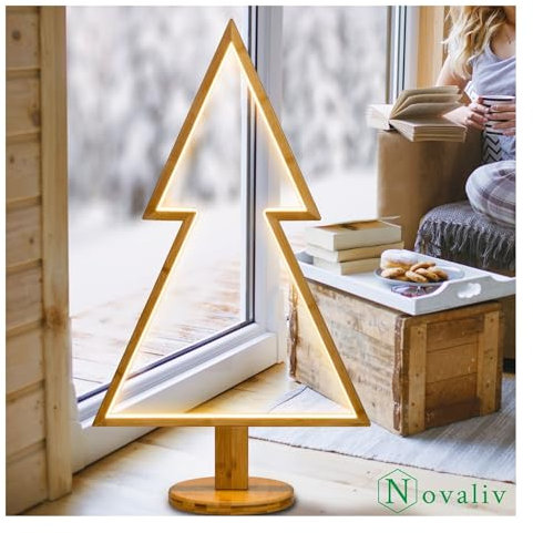 Novaliv LED Tannenbaum Lampe 90 x 50 cm Naturholz Standlampe Wohnzimmer LED Warmweiß Baum beleuchtet innen - Innendeko Stehlampe Fensterdeko für Weihnachtszeit Weihnachtsbeleuchtung
