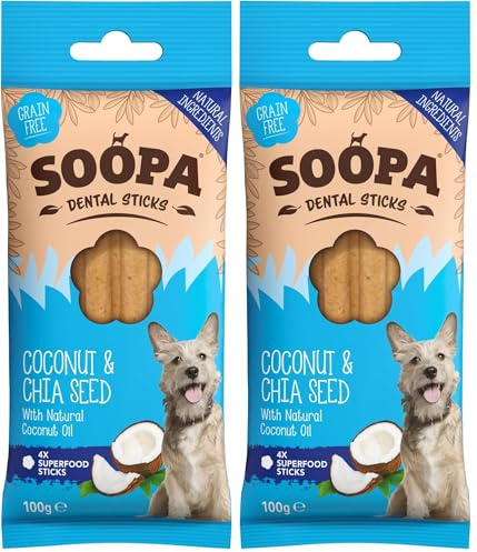 Soopa Grain Free Coconut and Chia Seed Dental Dog Treats, 4 Sticks (Pack of 2)