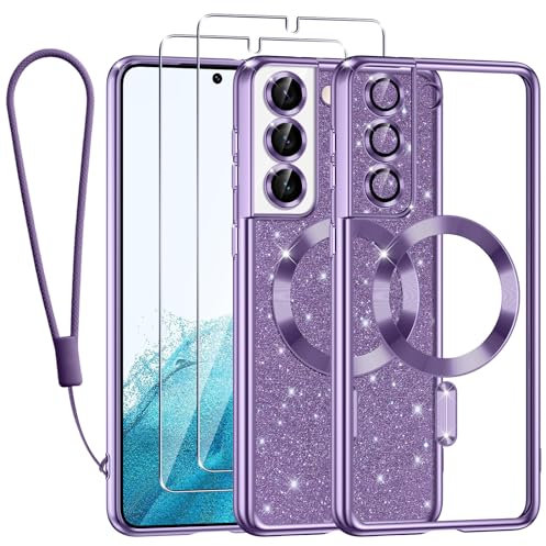 Kokio Glitter Magnetica Cover per Samsung Galaxy S22 5G con Cordino, Compatibile con MagSafe, Brillantini Sottile Silicone TPU Antiurto Custodia per Samsung S22 con 2 Vetro Temperato Bumper, Viola