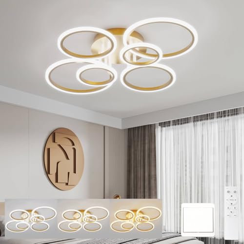KeLuKes 80cm Moderne Led Deckenlampe Schlafzimmer, 6-Ring-Deckenlampen-Design, 60W Dimmbar Deckenleuchte mit Fernbedienung, 3000K-6000K, Gold Küchendeckenlampe